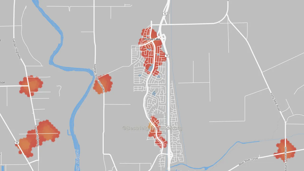 Walk Grade map of Plumas Lake, CA, walkable areas in green and car-dependent areas in red