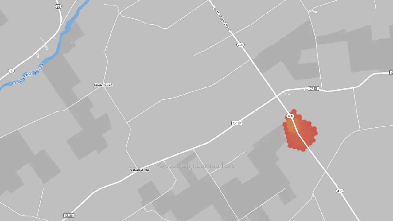 Walk Grade map of Plumbrook, NY, walkable areas in green and car-dependent areas in red