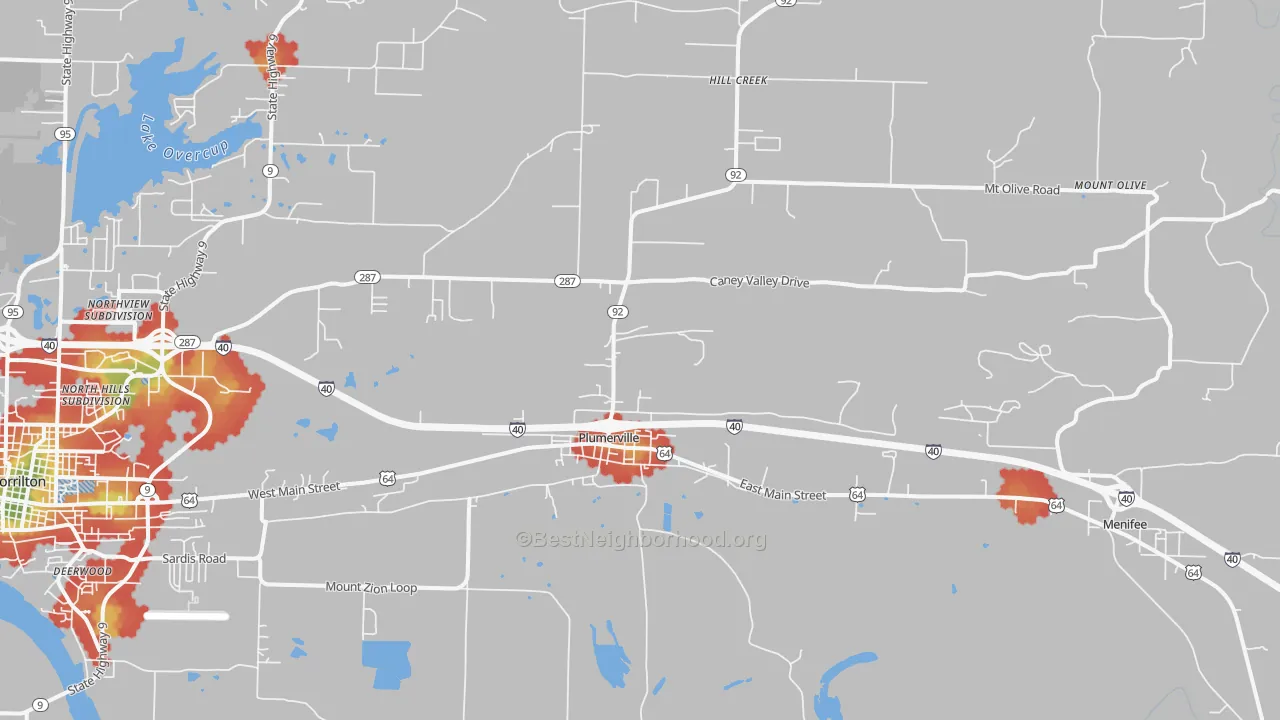 Walk Grade map of Plumerville, AR, walkable areas in green and car-dependent areas in red