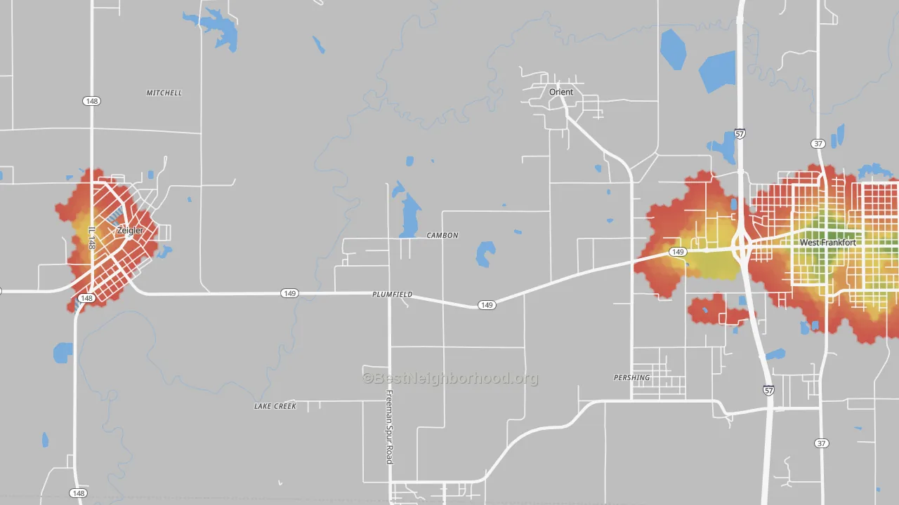 Walk Grade map of Plumfield, IL, walkable areas in green and car-dependent areas in red