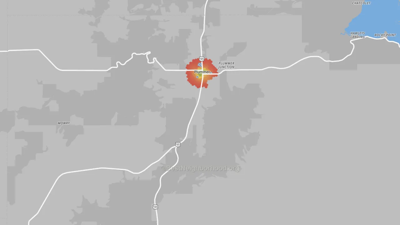 Walk Grade map of Plummer, ID, walkable areas in green and car-dependent areas in red