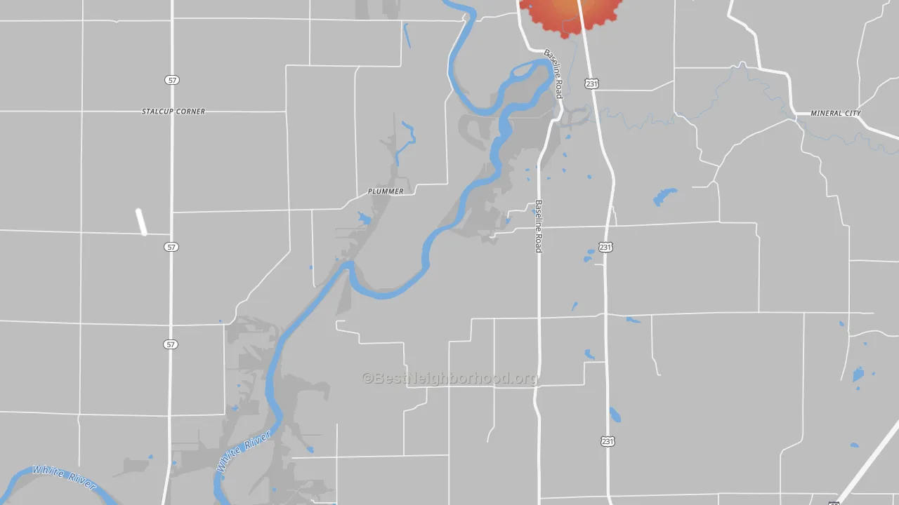 Walk Grade map of Plummer, IN, walkable areas in green and car-dependent areas in red