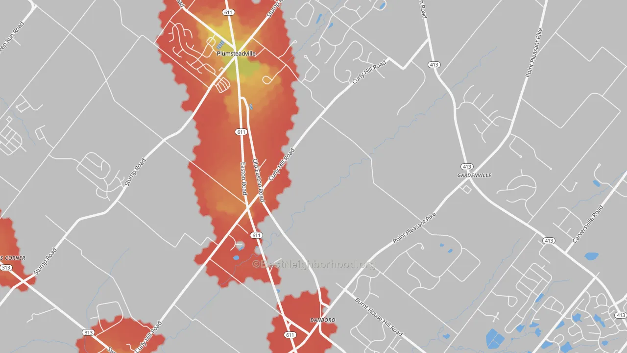 Walk Grade map of Plumsteadville, PA, walkable areas in green and car-dependent areas in red