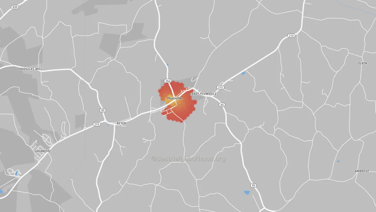 Walk Grade map of Plumville, PA, walkable areas in green and car-dependent areas in red