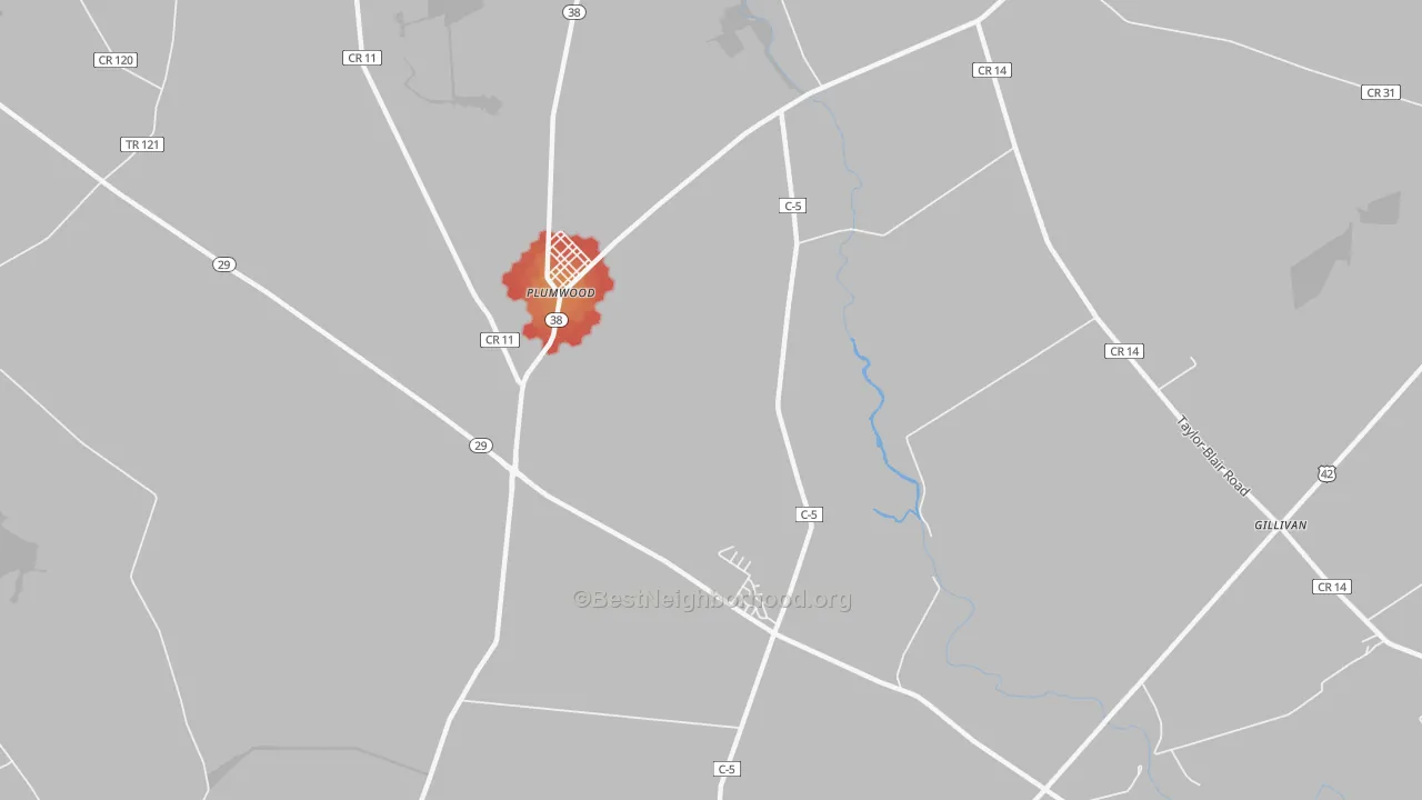 Walk Grade map of Plumwood, OH, walkable areas in green and car-dependent areas in red