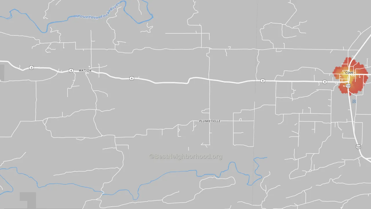 Walk Grade map of Plunketville, OK, walkable areas in green and car-dependent areas in red