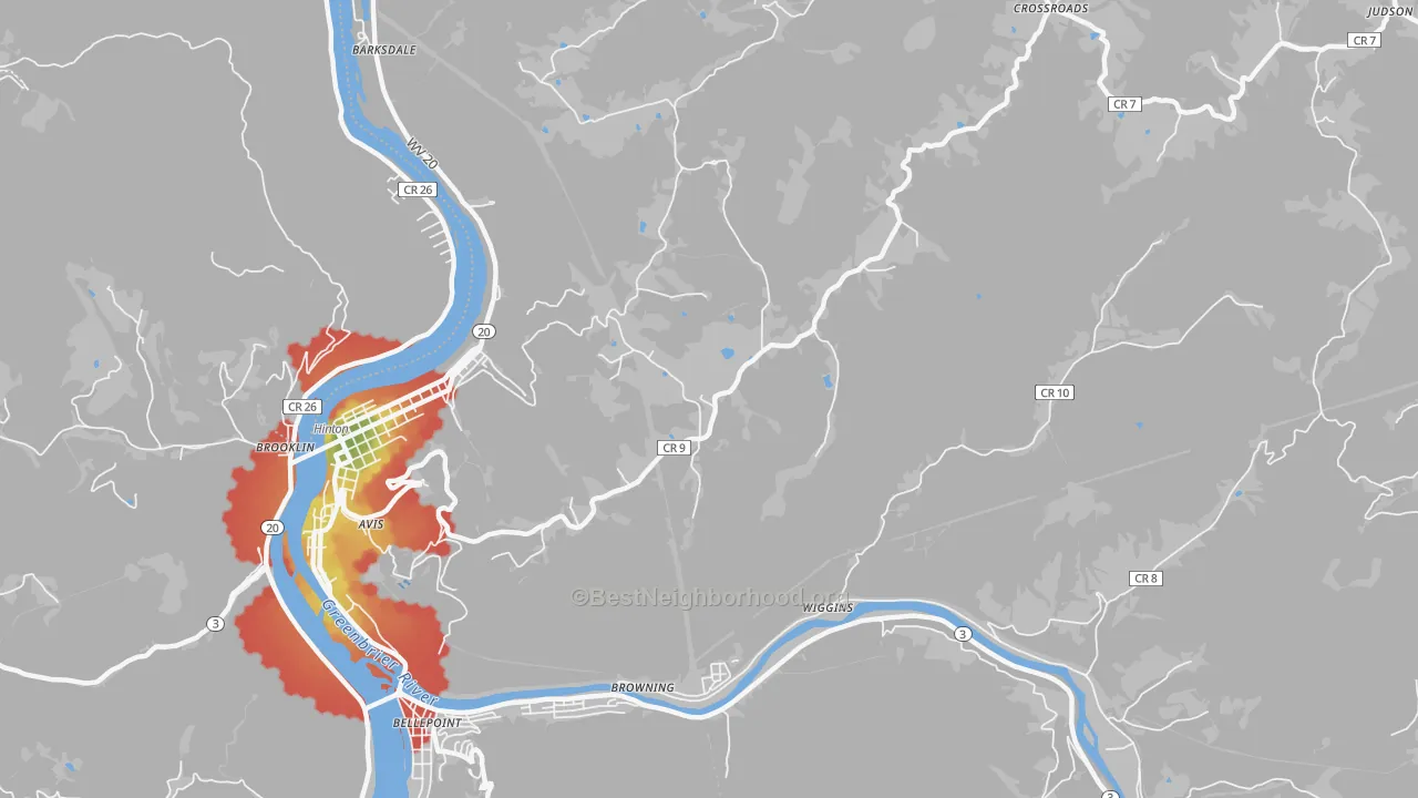 Walk Grade map of Pluto, WV, walkable areas in green and car-dependent areas in red