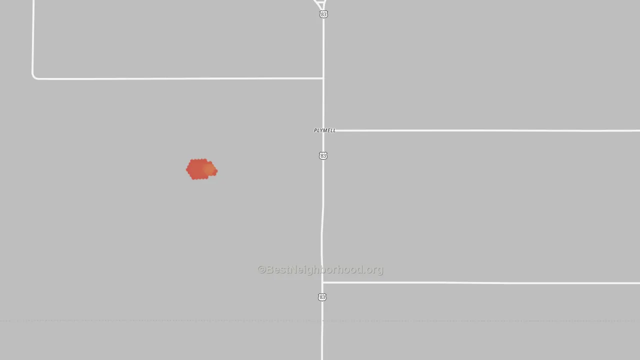 Walk Grade map of Plymell, KS, walkable areas in green and car-dependent areas in red