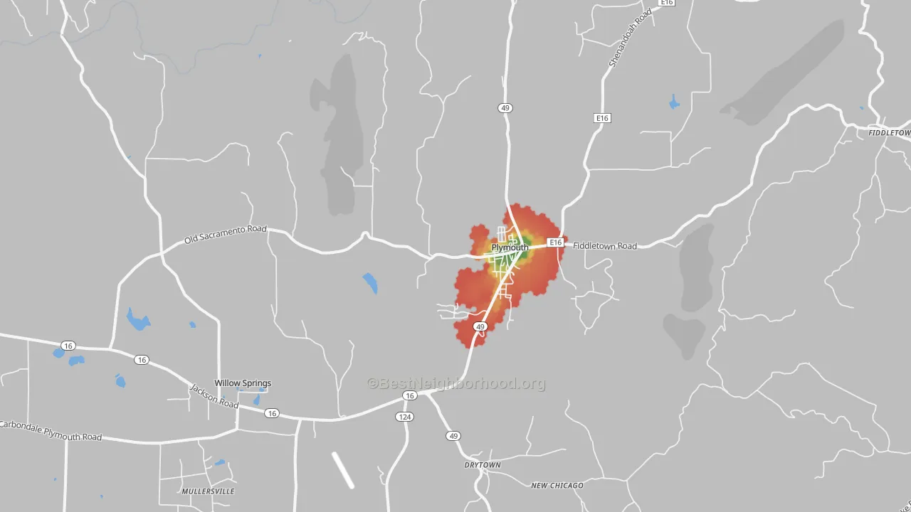 Walk Grade map of Plymouth, CA, walkable areas in green and car-dependent areas in red
