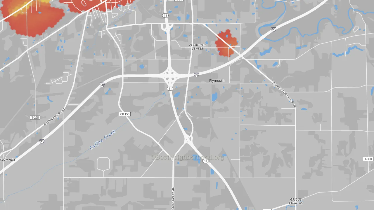 Walk Grade map of Plymouth Center, OH, walkable areas in green and car-dependent areas in red