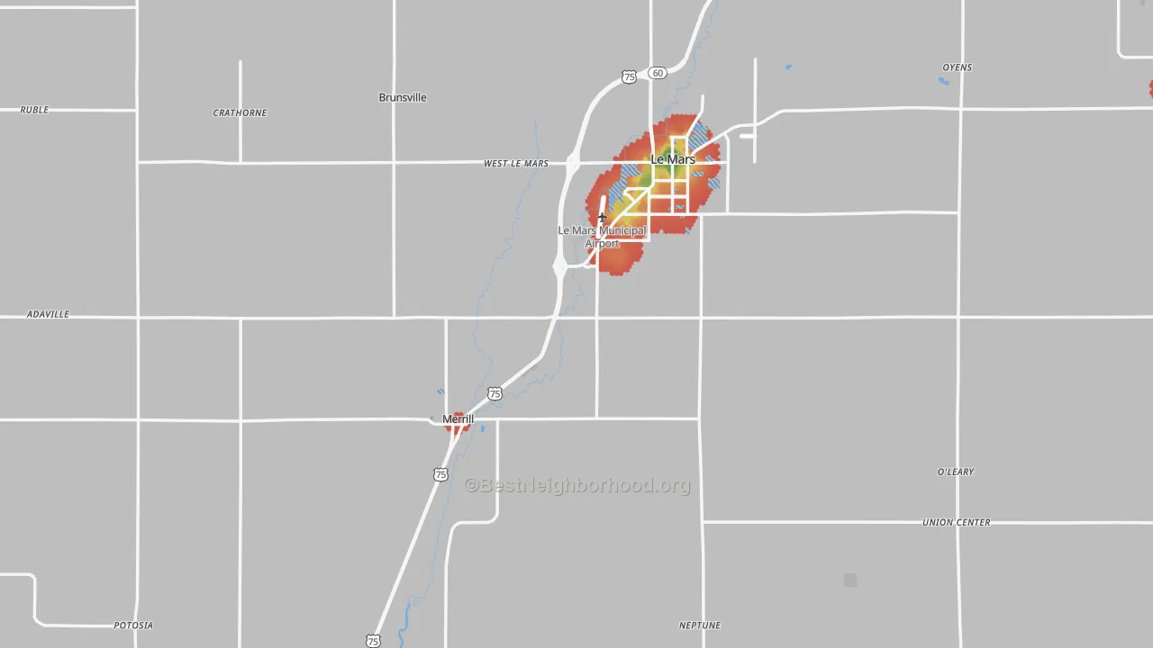 Walk Grade map of Plymouth County, IA, walkable areas in green and car-dependent areas in red