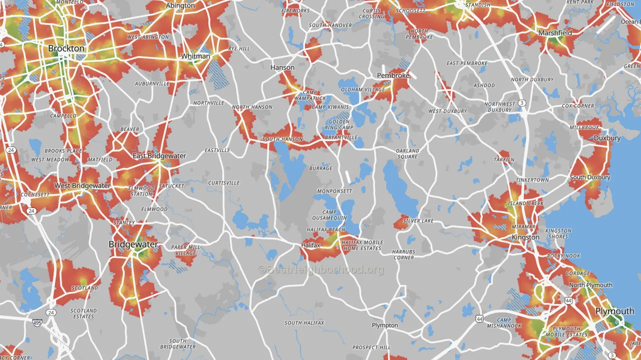 Walk Grade map of Plymouth County, MA, walkable areas in green and car-dependent areas in red