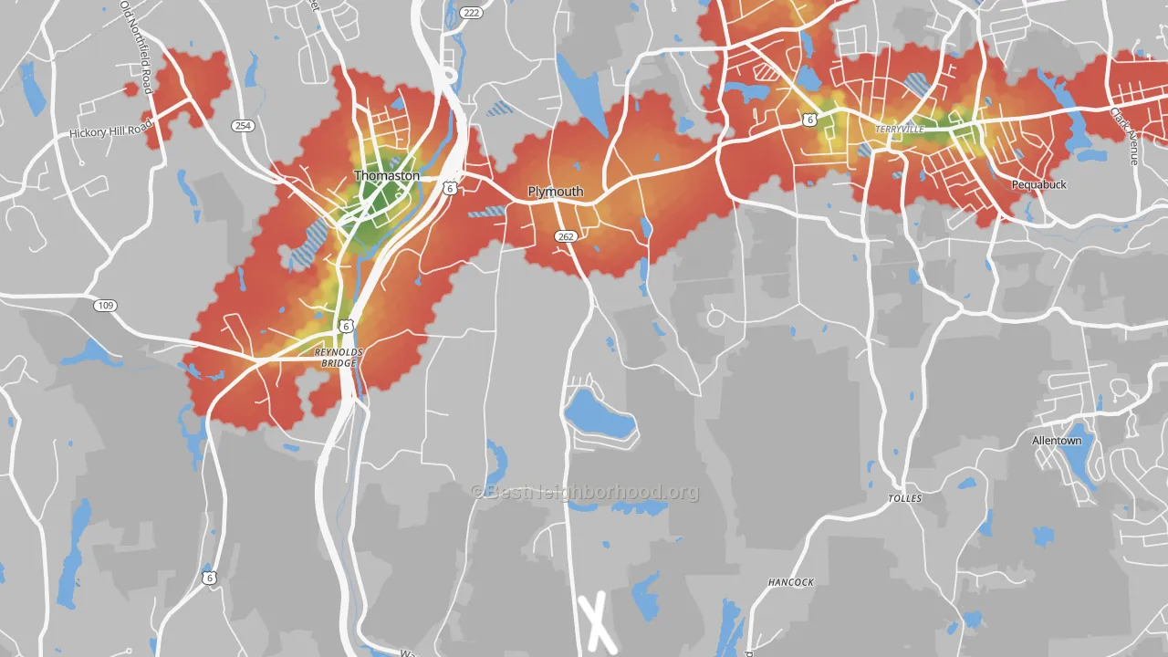 Walk Grade map of Plymouth, CT, walkable areas in green and car-dependent areas in red