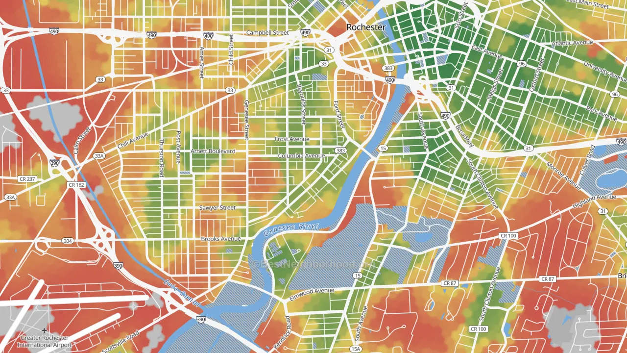 Walk Grade map of Plymouth-Exchange, Rochester, NY, walkable areas in green and car-dependent areas in red