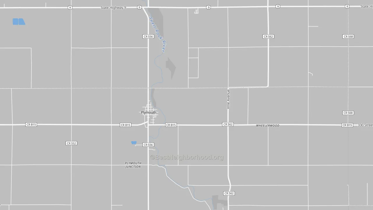 Walk Grade map of Plymouth, IA, walkable areas in green and car-dependent areas in red