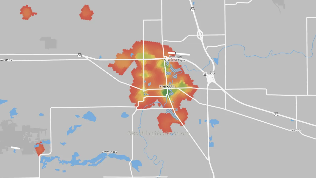 Walk Grade map of Plymouth, IN, walkable areas in green and car-dependent areas in red