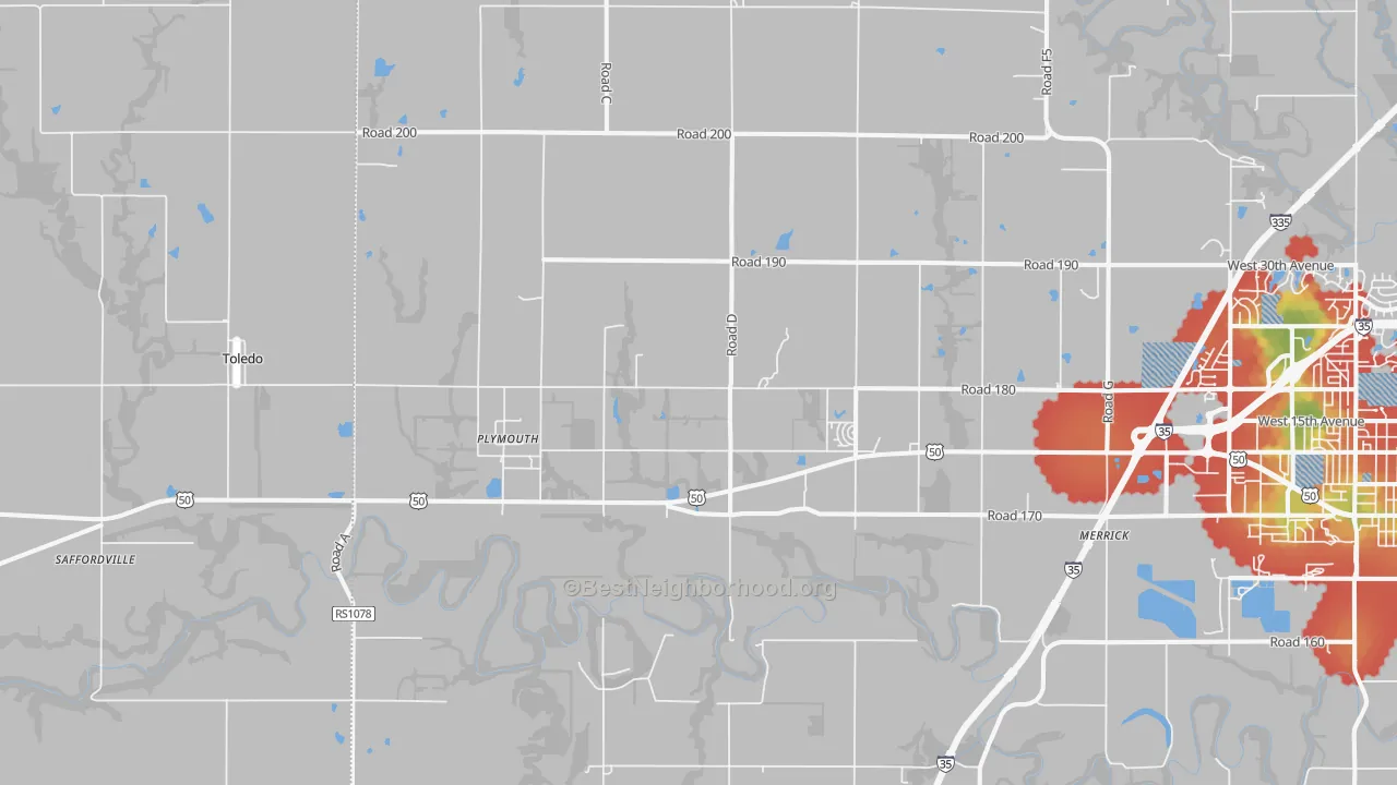 Walk Grade map of Plymouth, KS, walkable areas in green and car-dependent areas in red