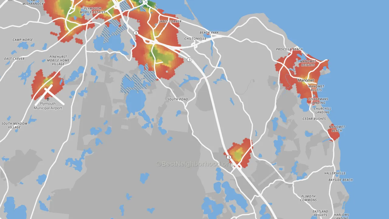 Walk Grade map of Plymouth, MA, walkable areas in green and car-dependent areas in red