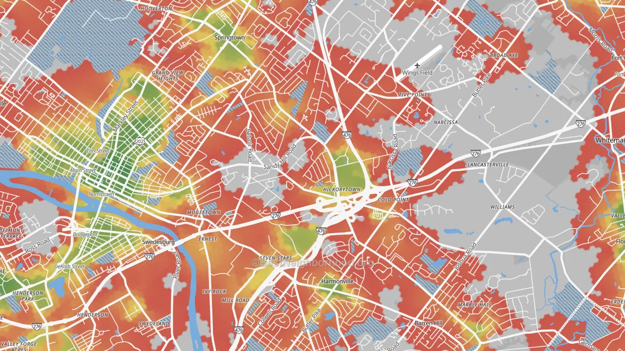 Walk Grade map of Plymouth Meeting, PA, walkable areas in green and car-dependent areas in red