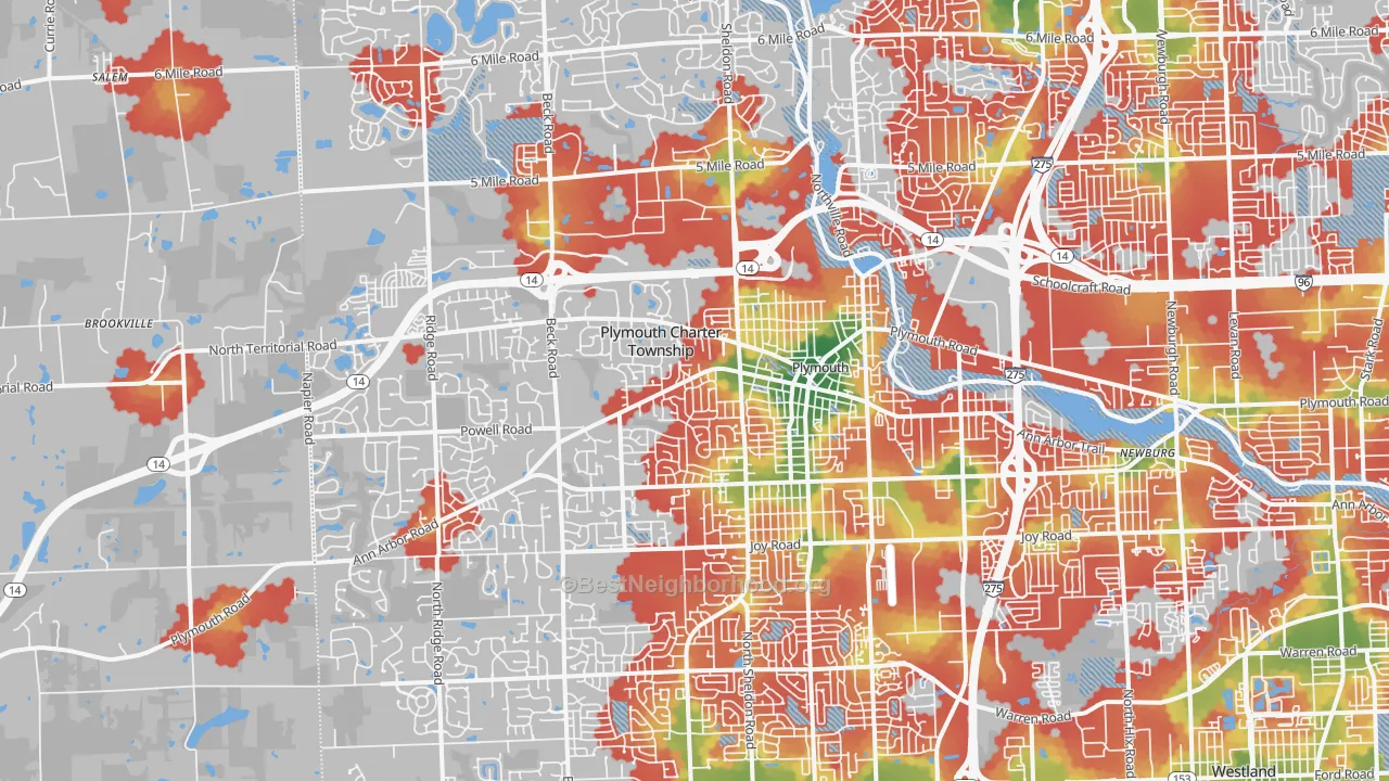 Walk Grade map of Plymouth, MI, walkable areas in green and car-dependent areas in red