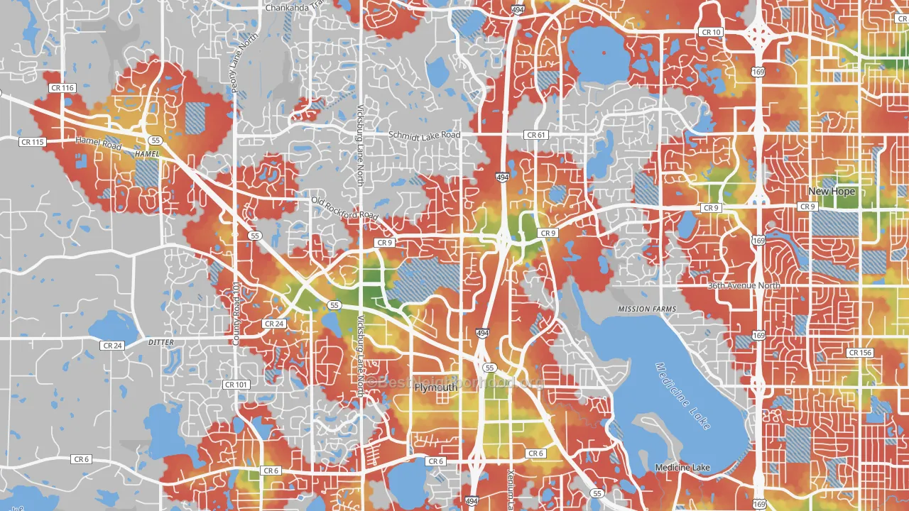 Walk Grade map of Plymouth, MN, walkable areas in green and car-dependent areas in red