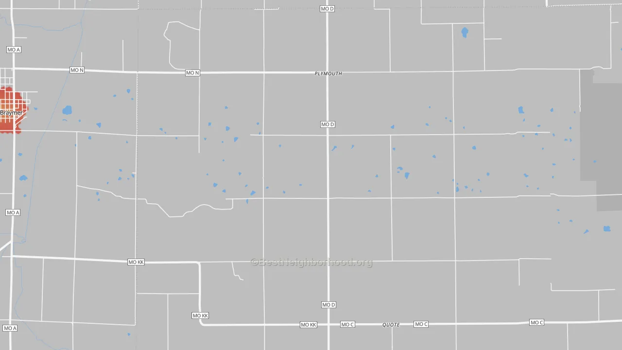 Walk Grade map of Plymouth, MO, walkable areas in green and car-dependent areas in red