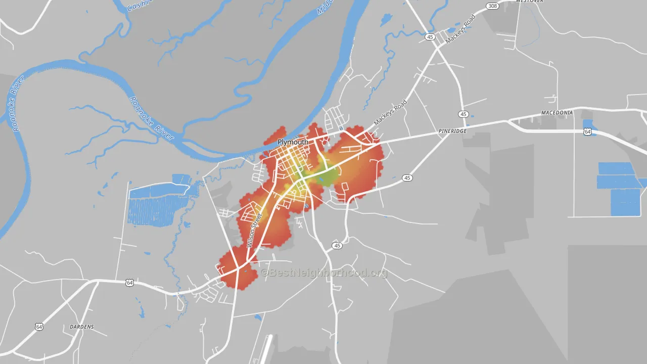 Walk Grade map of Plymouth, NC, walkable areas in green and car-dependent areas in red