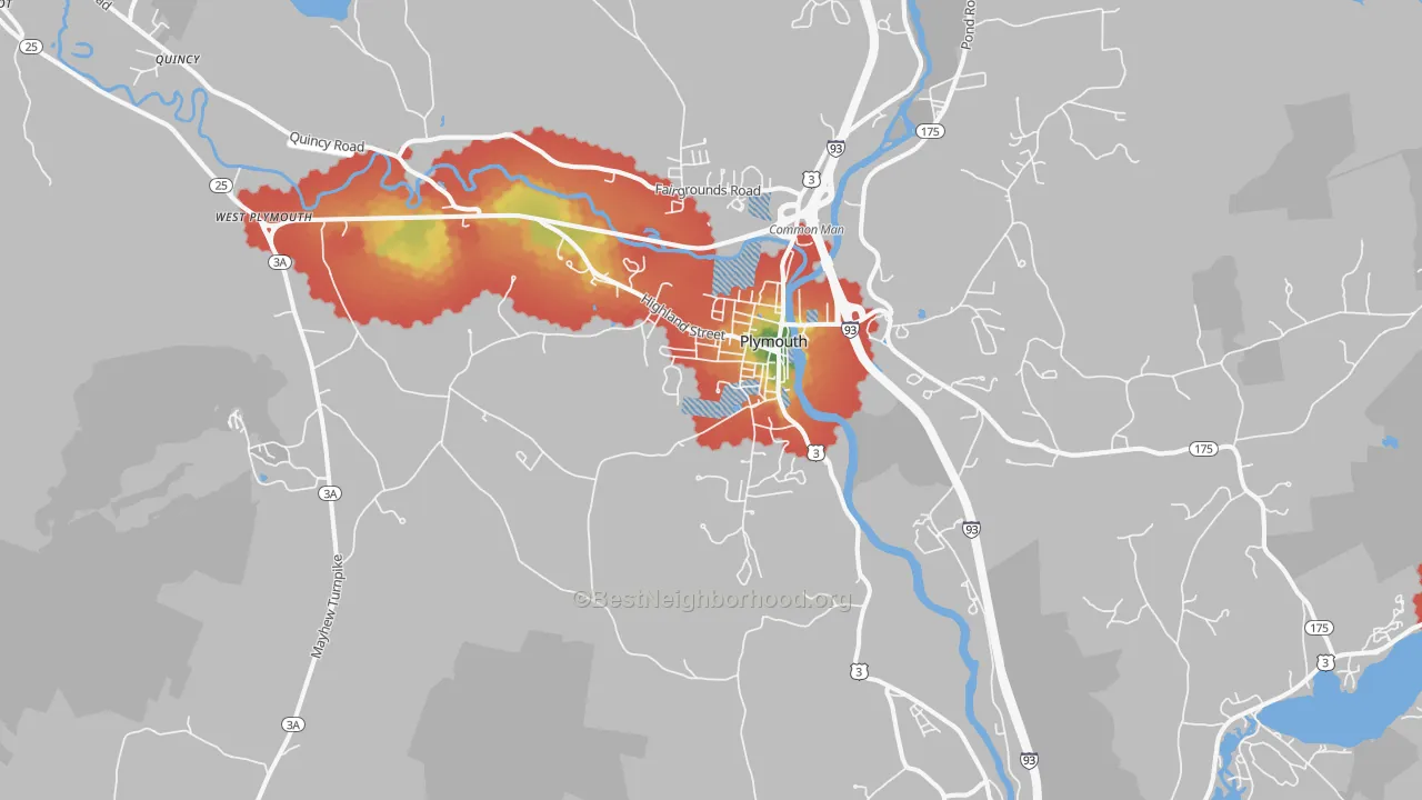 Walk Grade map of Plymouth, NH, walkable areas in green and car-dependent areas in red