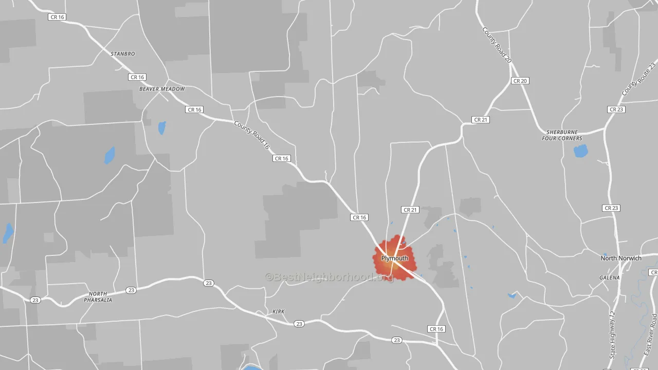 Walk Grade map of Plymouth, NY, walkable areas in green and car-dependent areas in red