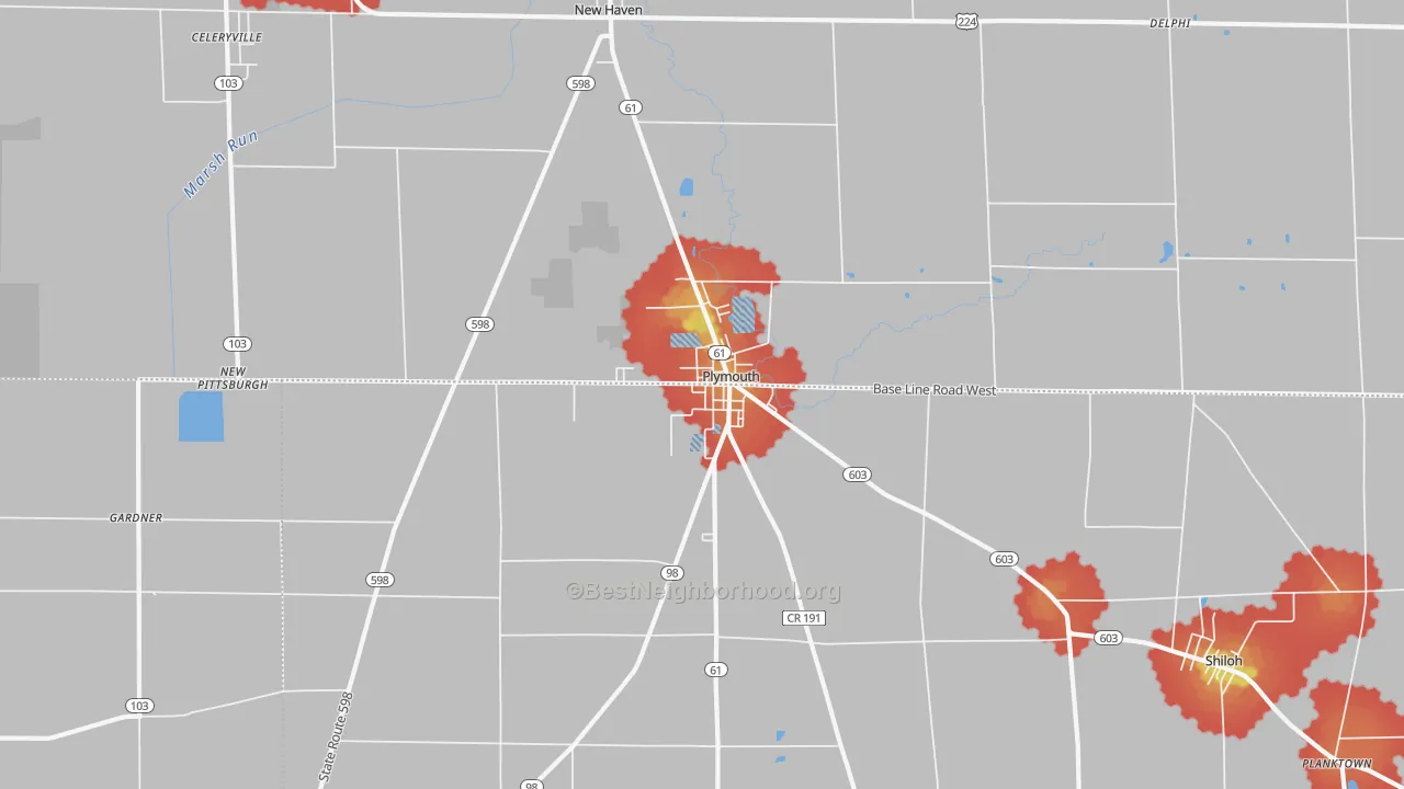 Walk Grade map of Plymouth, OH, walkable areas in green and car-dependent areas in red