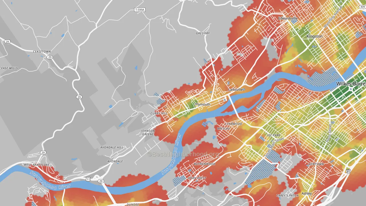 Walk Grade map of Plymouth, PA, walkable areas in green and car-dependent areas in red