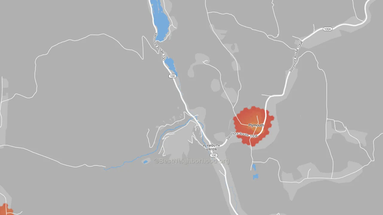 Walk Grade map of Plymouth Union, VT, walkable areas in green and car-dependent areas in red