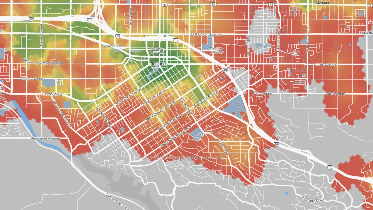 Walk Grade map of Plymouth Village, Redlands, CA, walkable areas in green and car-dependent areas in red