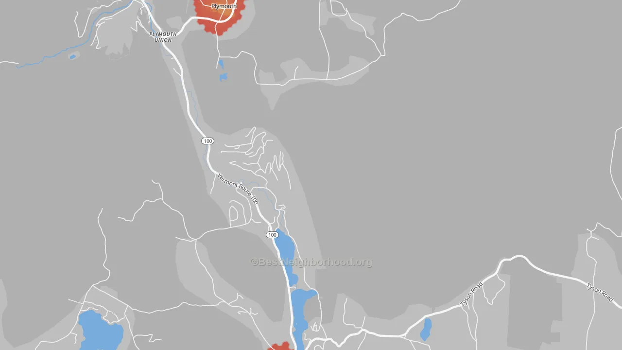 Walk Grade map of Plymouth, VT, walkable areas in green and car-dependent areas in red