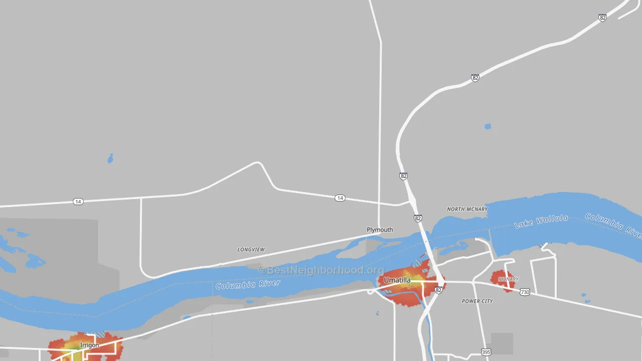 Walk Grade map of Plymouth, WA, walkable areas in green and car-dependent areas in red