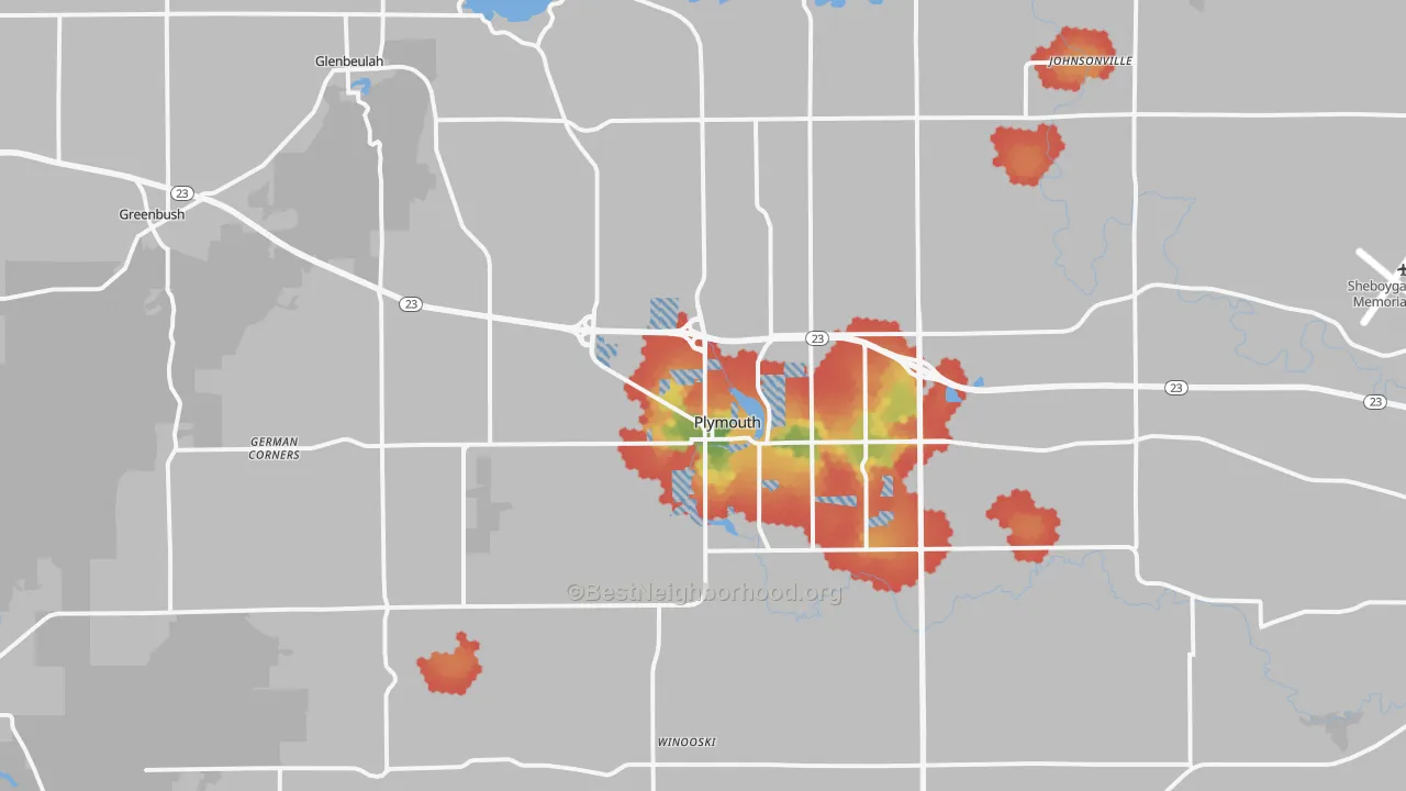 Walk Grade map of Plymouth, WI, walkable areas in green and car-dependent areas in red