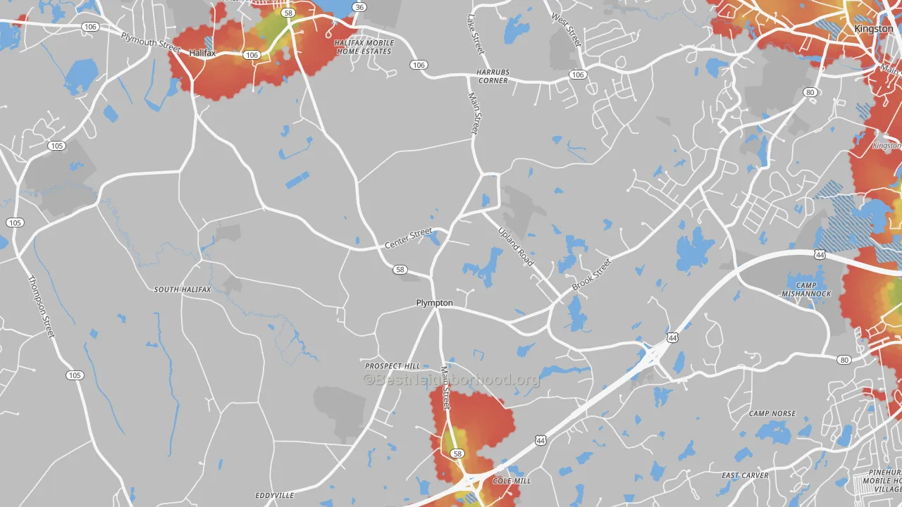 Walk Grade map of Plympton, MA, walkable areas in green and car-dependent areas in red