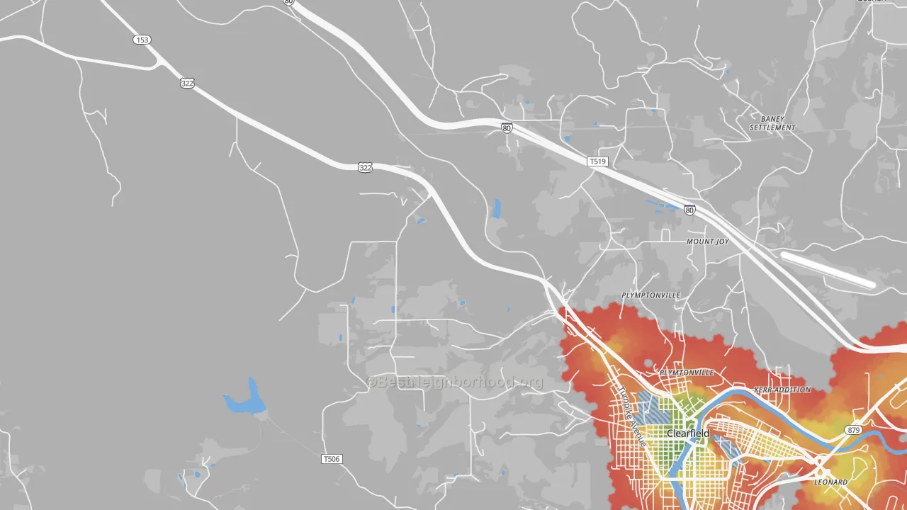Walk Grade map of Plymptonville, PA, walkable areas in green and car-dependent areas in red