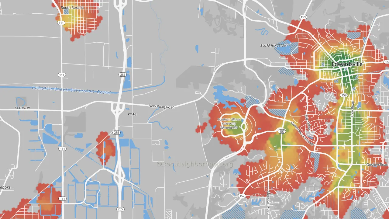 Walk Grade map of Poag, IL, walkable areas in green and car-dependent areas in red