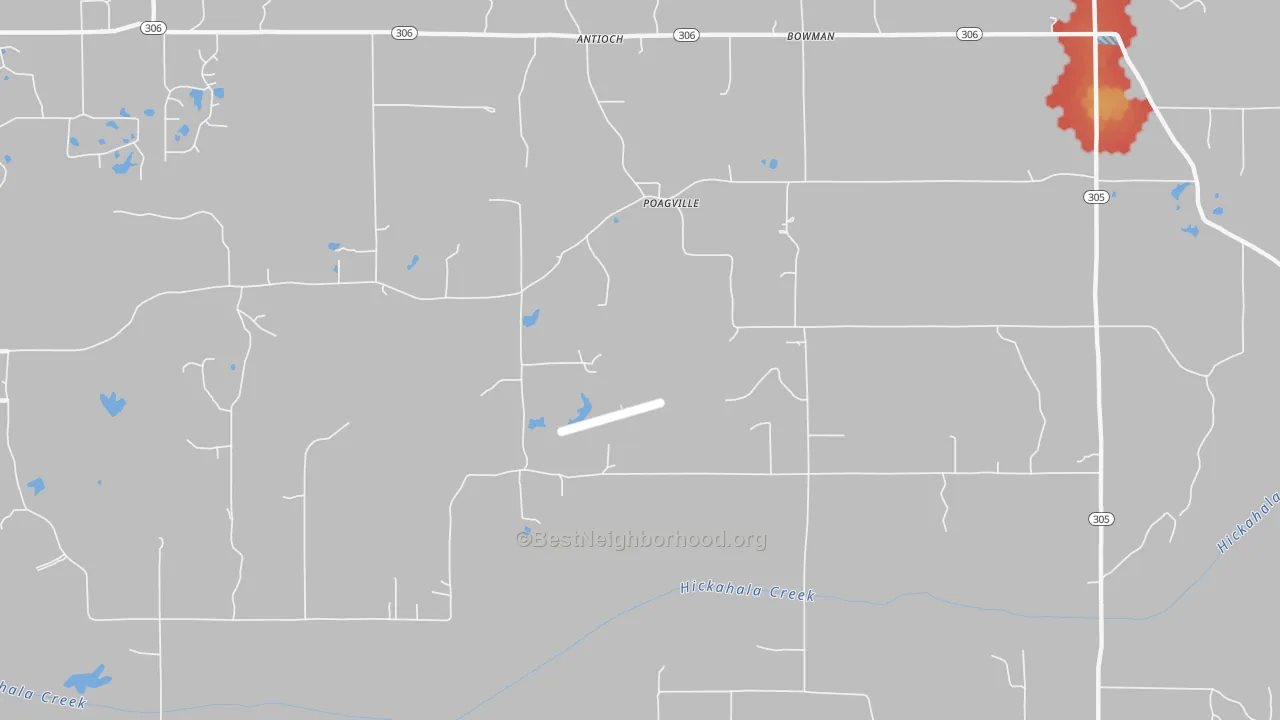 Walk Grade map of Poagville, MS, walkable areas in green and car-dependent areas in red
