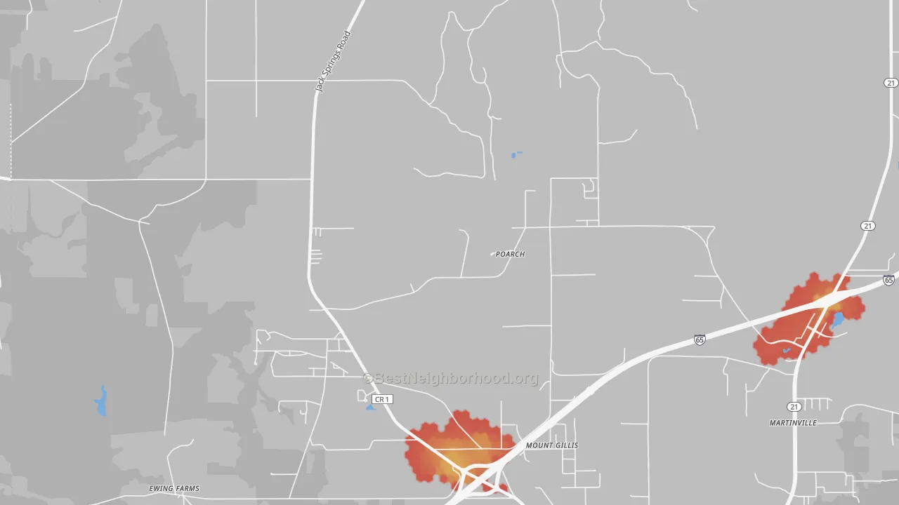 Walk Grade map of Poarch, AL, walkable areas in green and car-dependent areas in red
