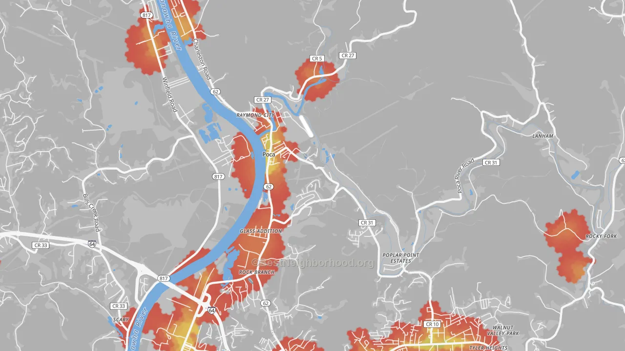 Walk Grade map of Poca, WV, walkable areas in green and car-dependent areas in red