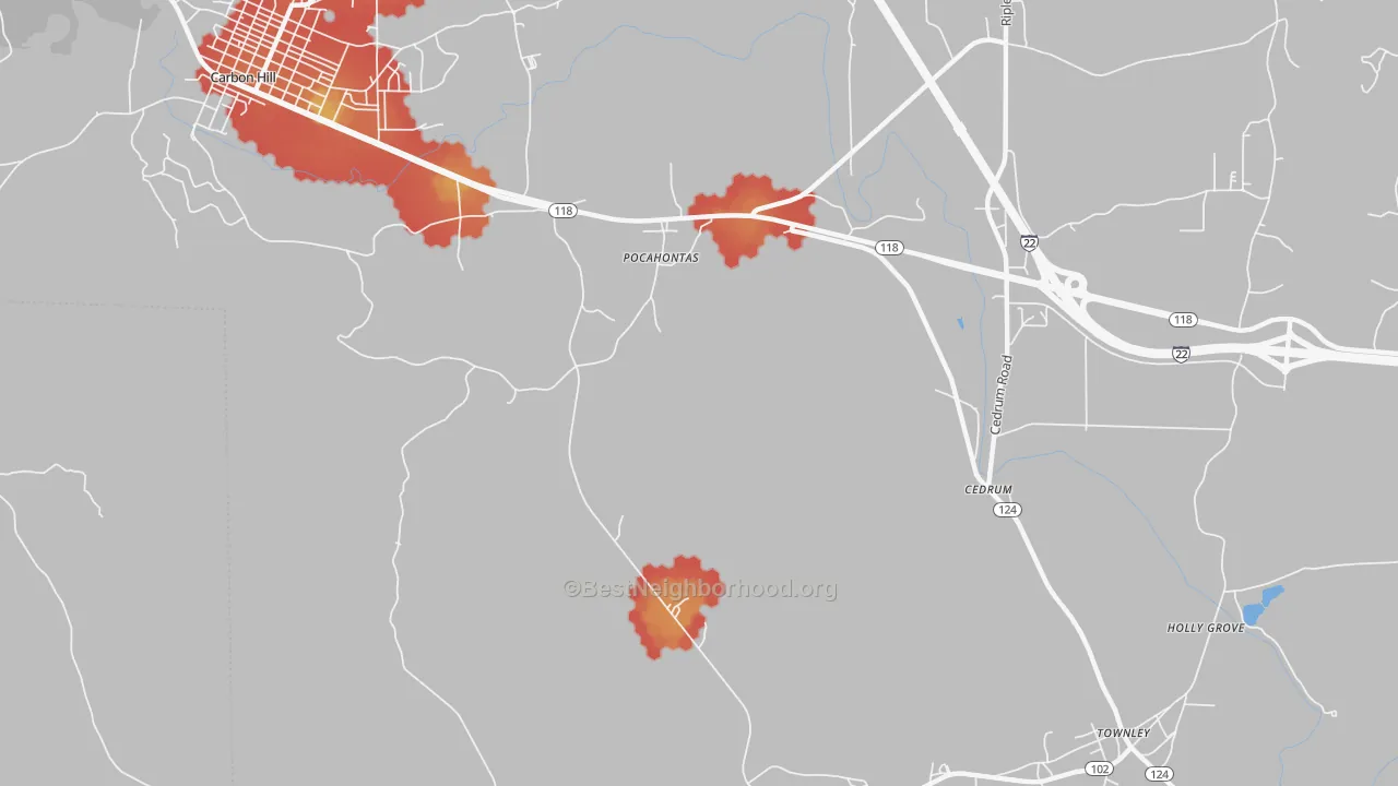 Walk Grade map of Pocahontas, AL, walkable areas in green and car-dependent areas in red
