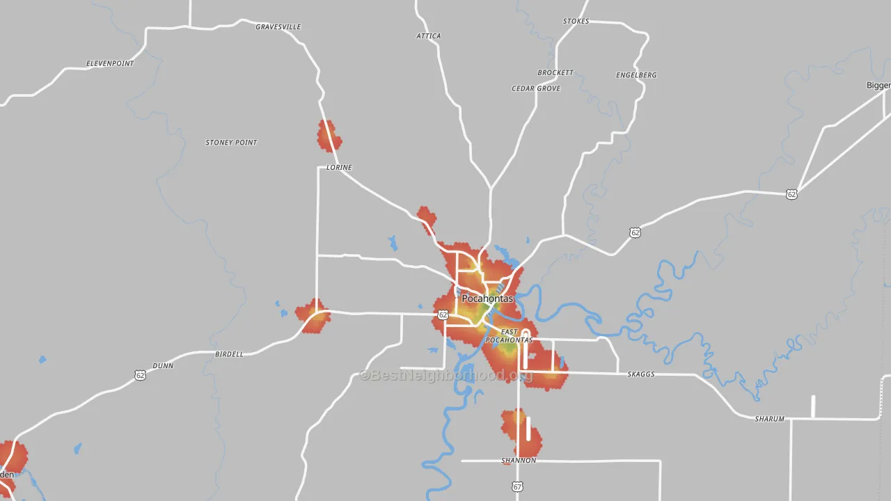 Walk Grade map of Pocahontas, AR, walkable areas in green and car-dependent areas in red