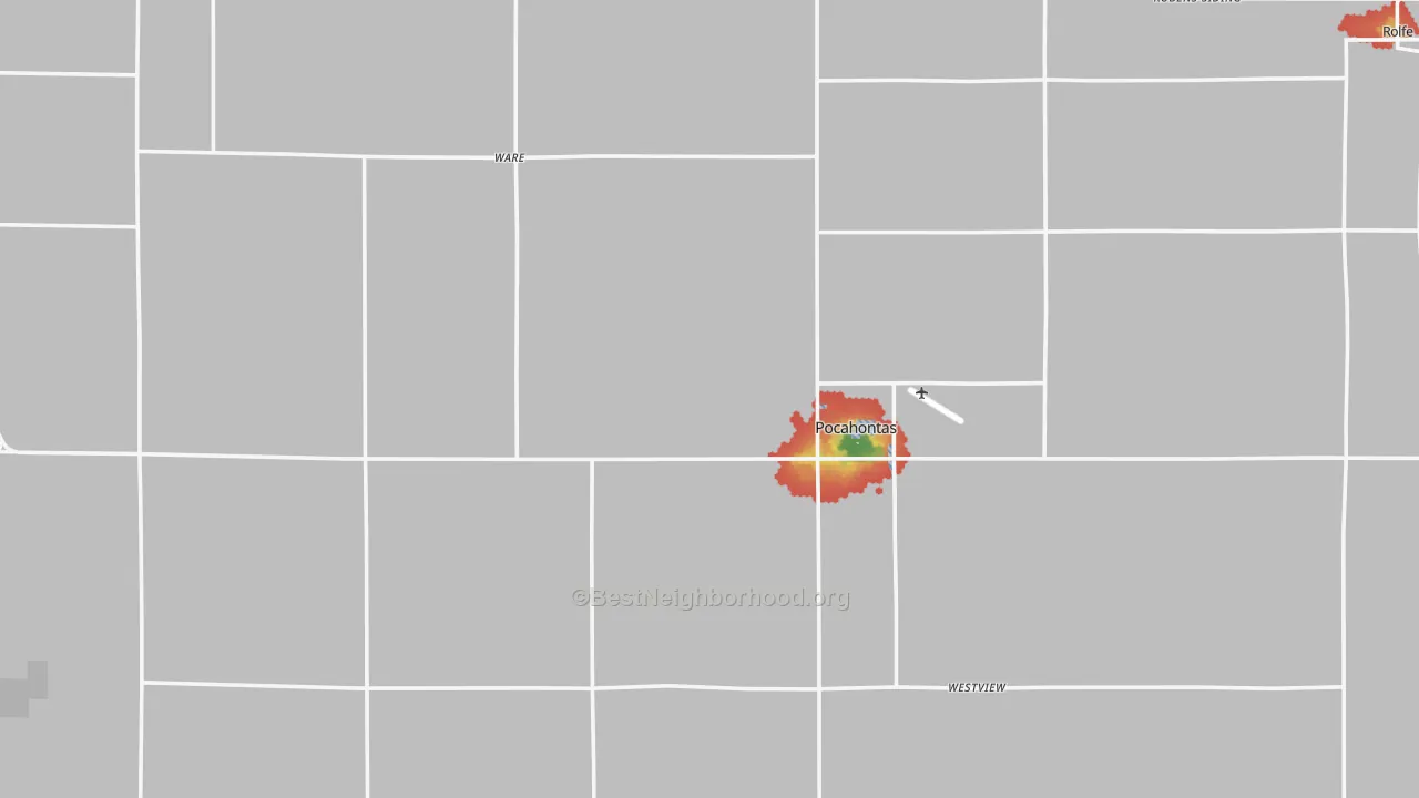 Walk Grade map of Pocahontas County, IA, walkable areas in green and car-dependent areas in red