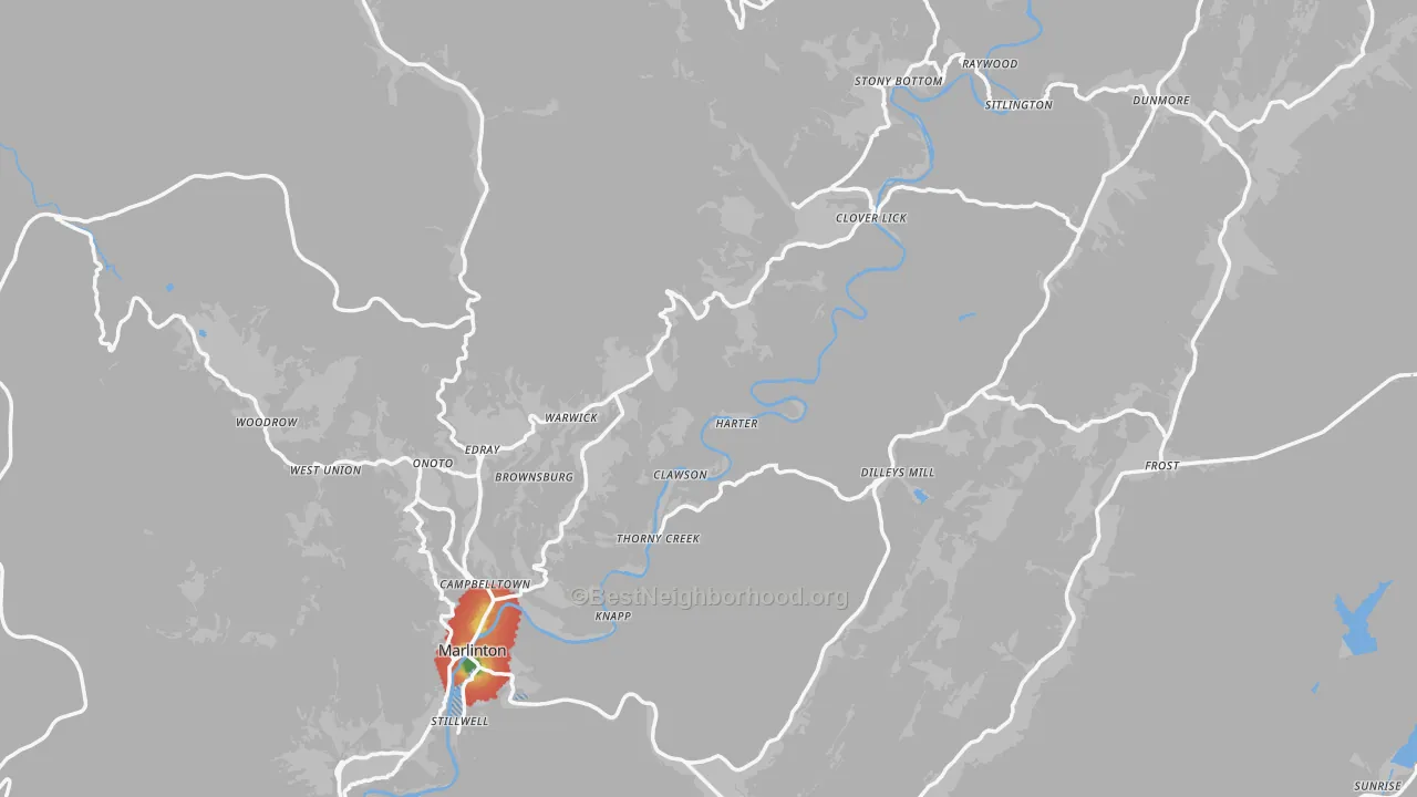 Walk Grade map of Pocahontas County, WV, walkable areas in green and car-dependent areas in red