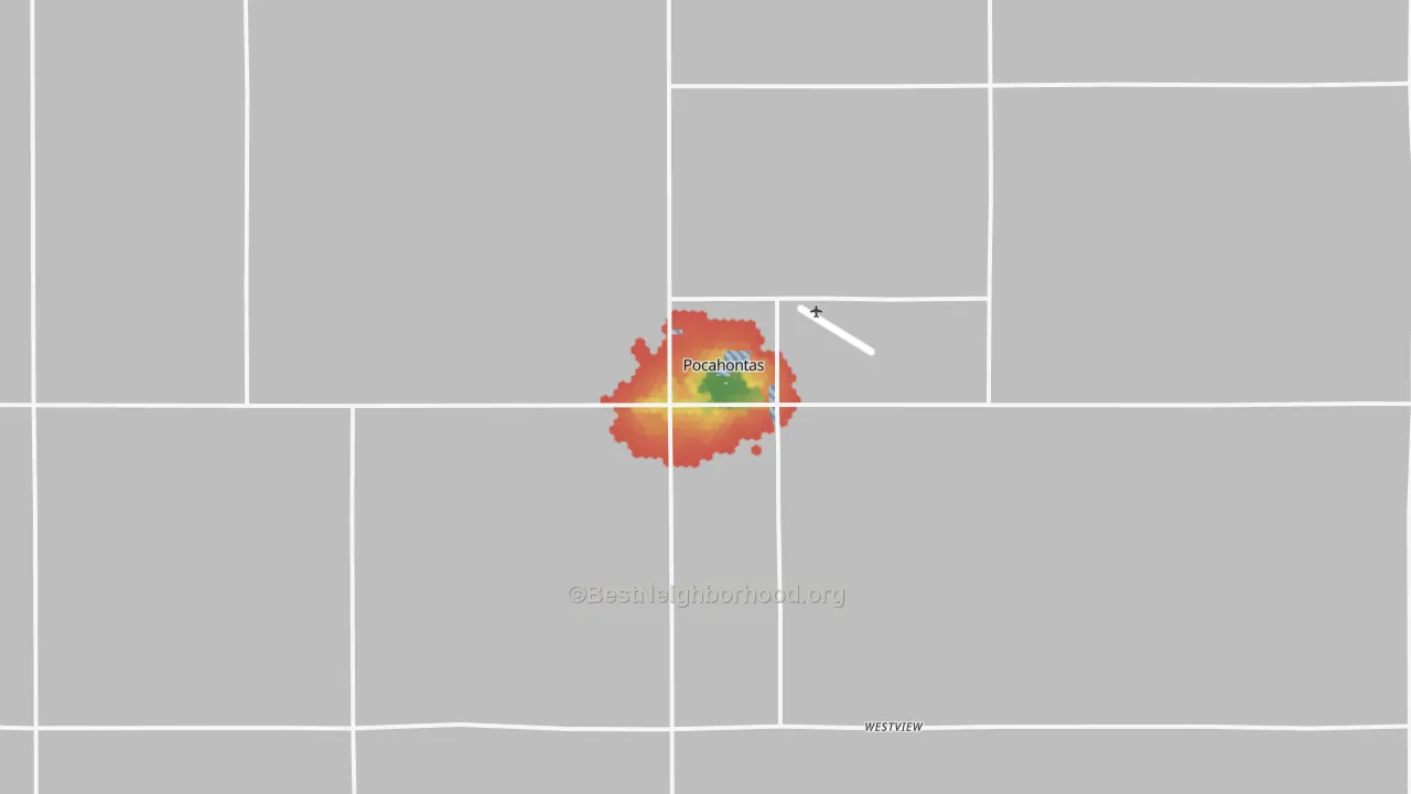 Walk Grade map of Pocahontas, IA, walkable areas in green and car-dependent areas in red