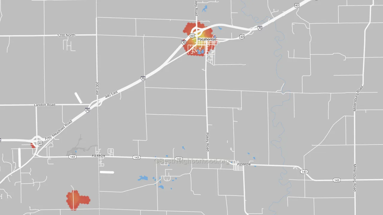 Walk Grade map of Pocahontas, IL, walkable areas in green and car-dependent areas in red