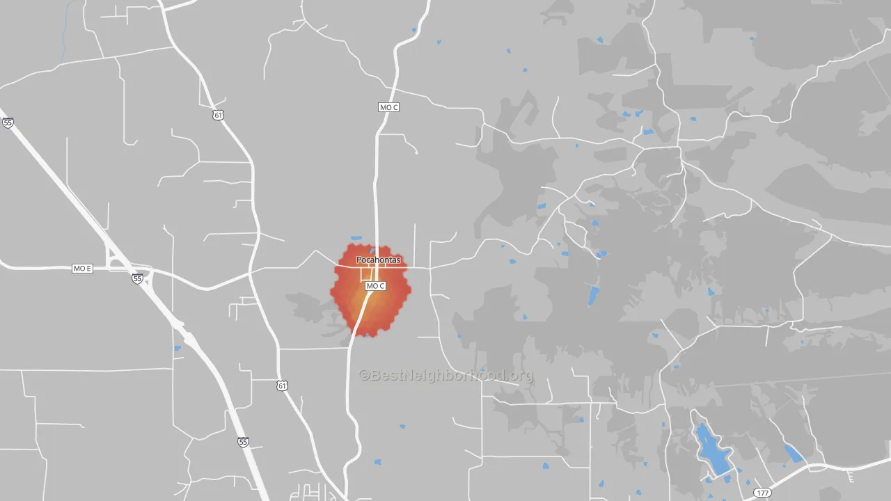 Walk Grade map of Pocahontas, MO, walkable areas in green and car-dependent areas in red