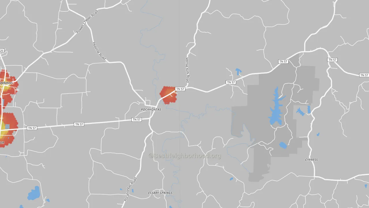 Walk Grade map of Pocahontas, TN, walkable areas in green and car-dependent areas in red